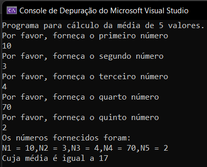 Programa de cálculo da média de 5 valores em c#