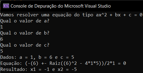 Programa de resolução de uma equação do segundo grau.