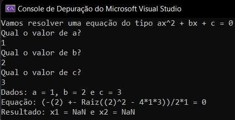 Programa de resolução de uma equação do segundo grau com erro.